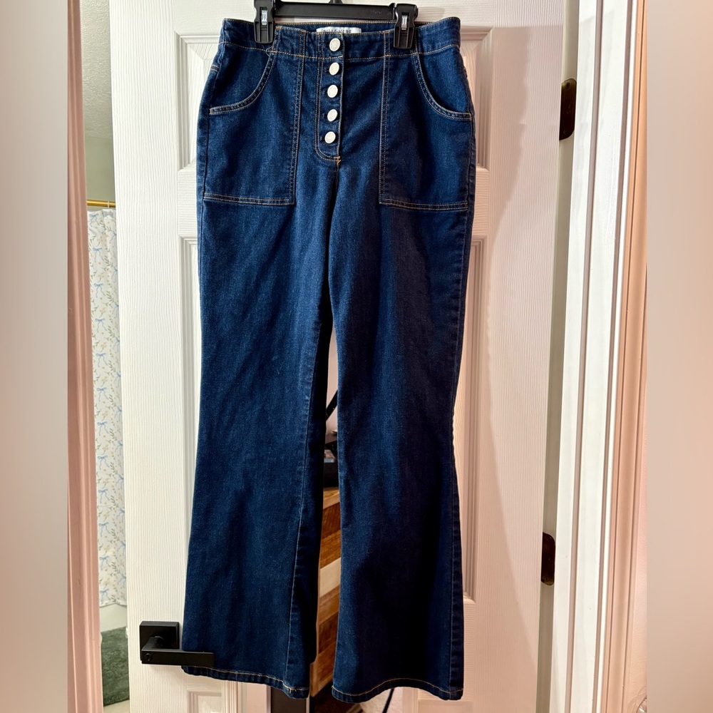 Stylish Button-Up Dark Blue Flare Jeans